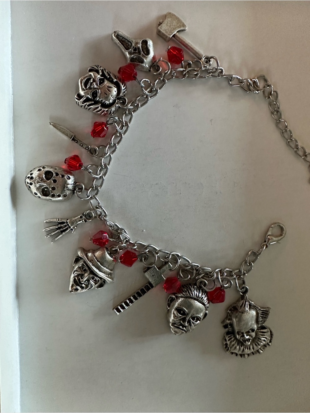 Silver-Tone Horror/Halloween Charm Bracelet with Red Accents